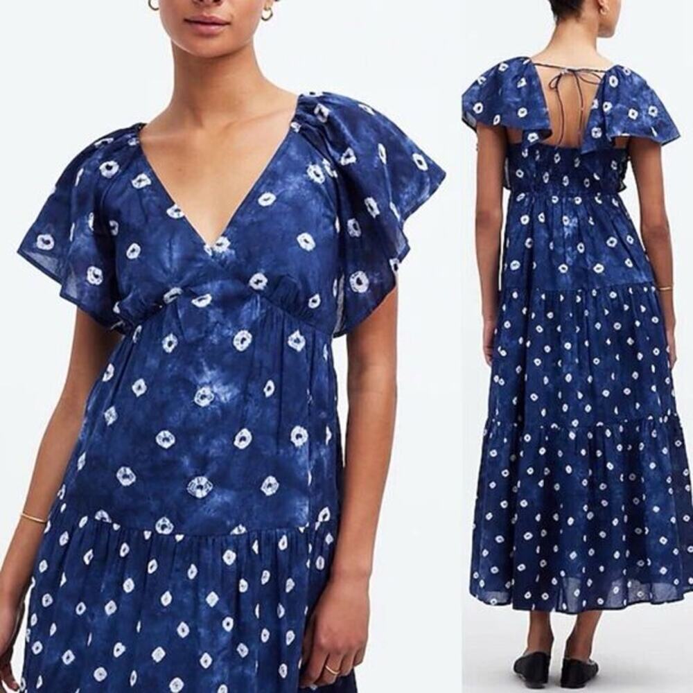 NWT Madewell Blue Shibori Print Tie Back Flutter Sleeve Tiered Midi Dress Size 2